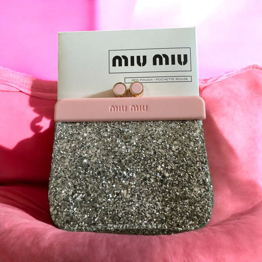 Miu Miu Mini Silver Glitter Clutch Evening Clutch with Snap Top Closure